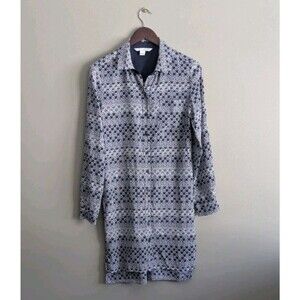 DVF Diane von Furstenberg Silk Shirt Dress Size 10 Blue White Geometric Print LS